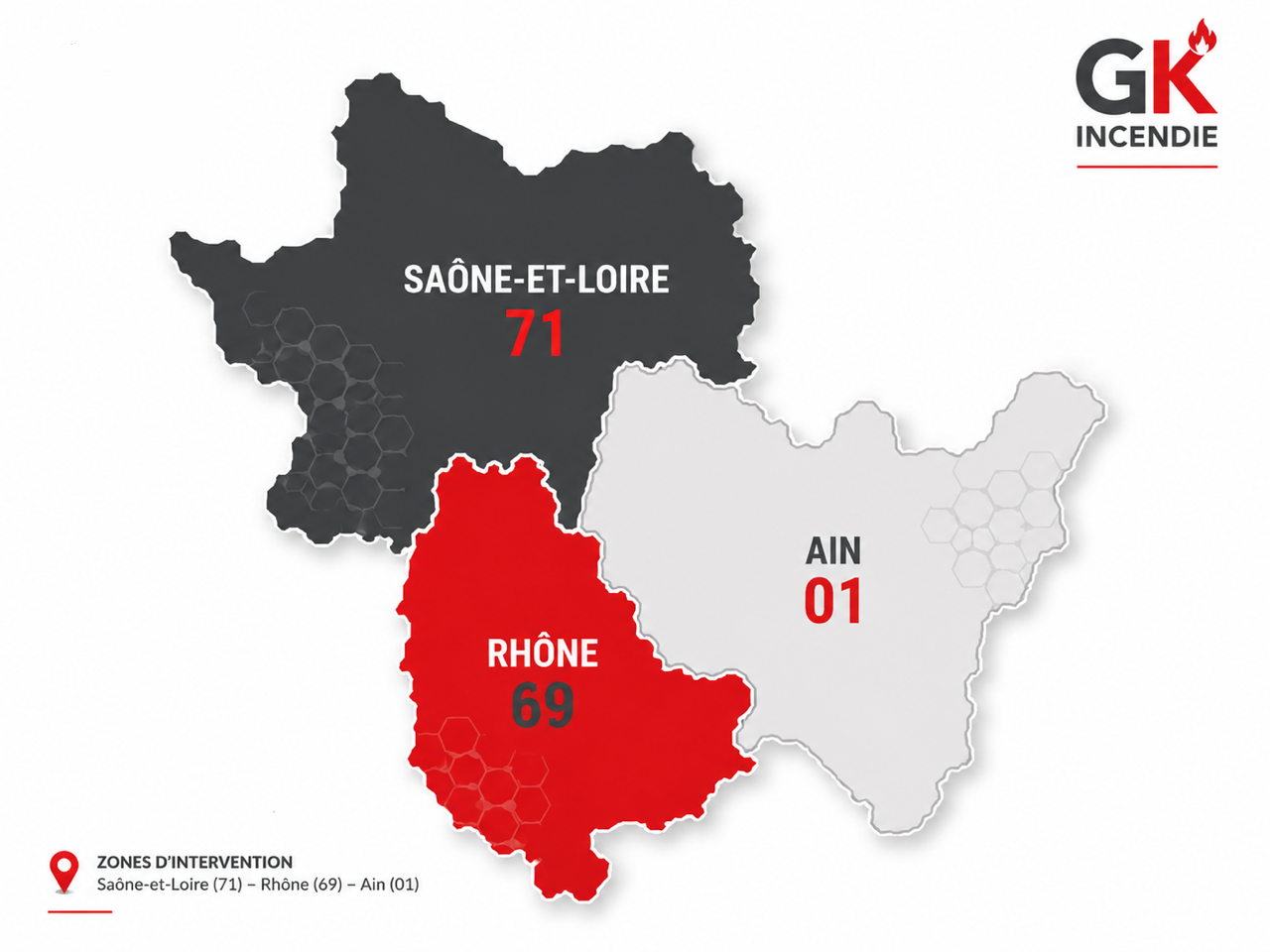 Carte des zones d'intervention de GK Incendie : Saône-et-Loire, Rhône et Ain